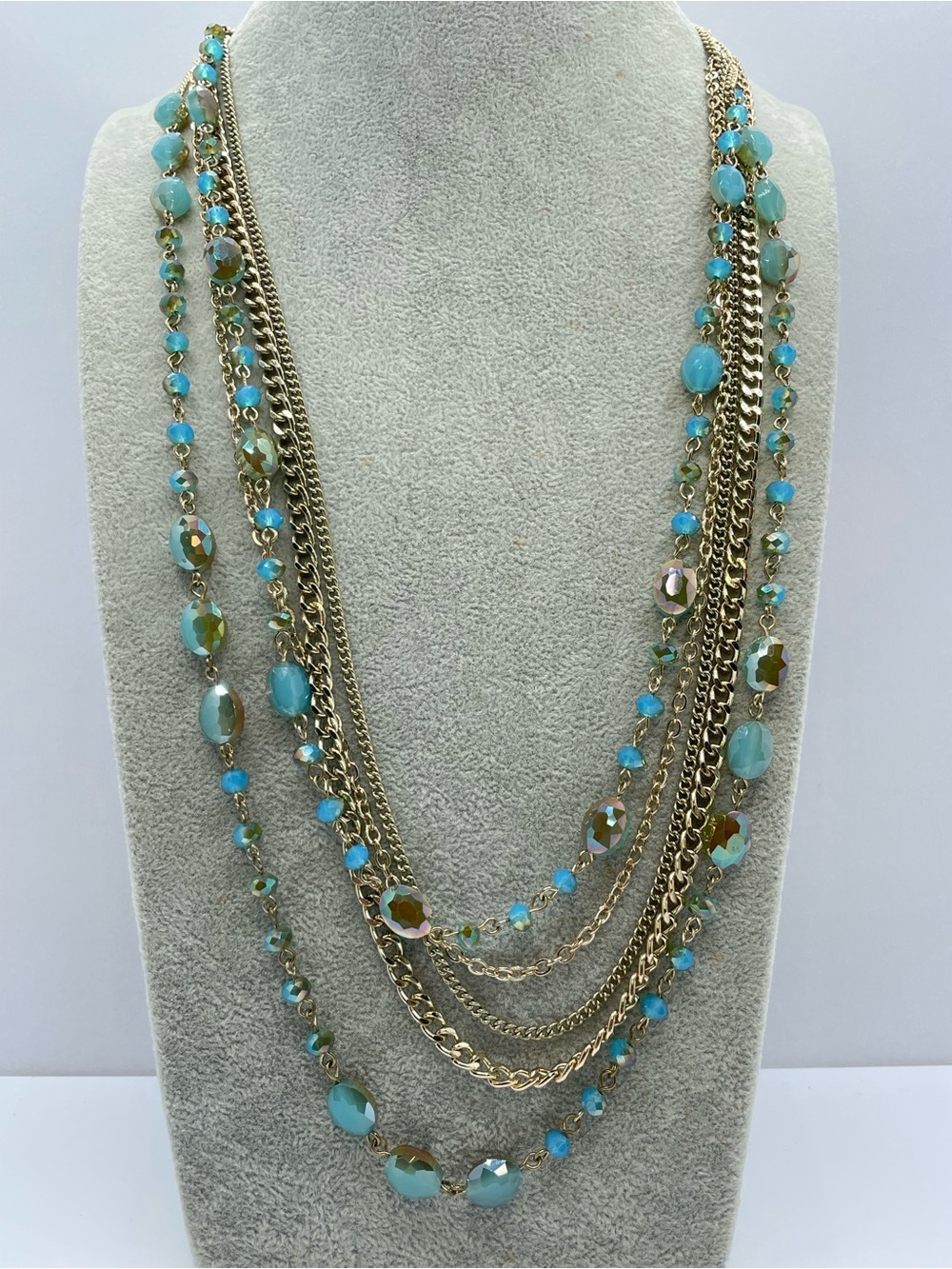 Vintage Premier Designs Blue Glass Beaded Multi Layer Gold Necklace Statement